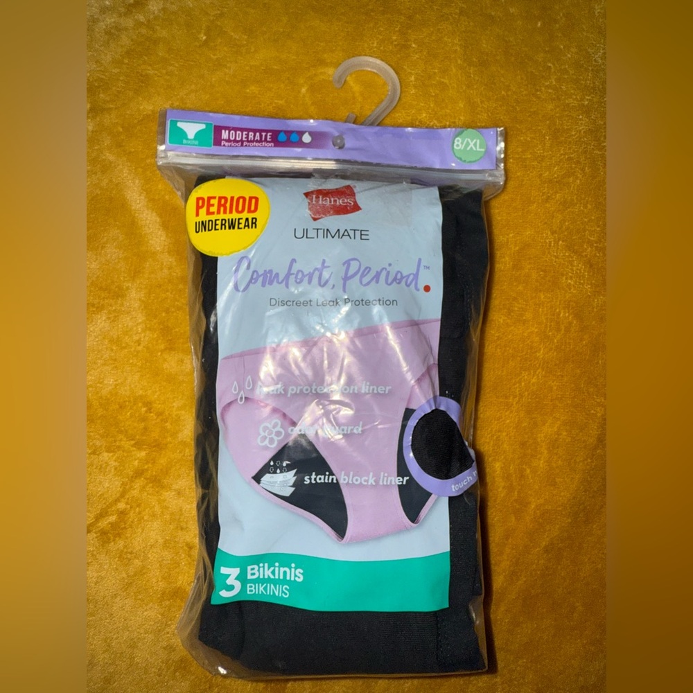 NWT Hanes PERIOD Black Bikini Underwear 3-Pack SIZE 8/Xl ,7/L